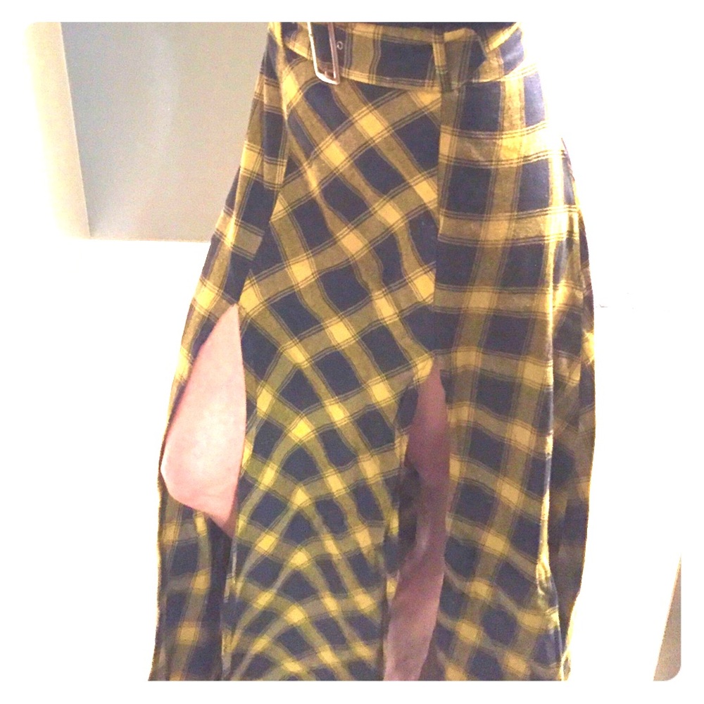 Plaid flannel maxi skirt w belt and mid thigh slit
